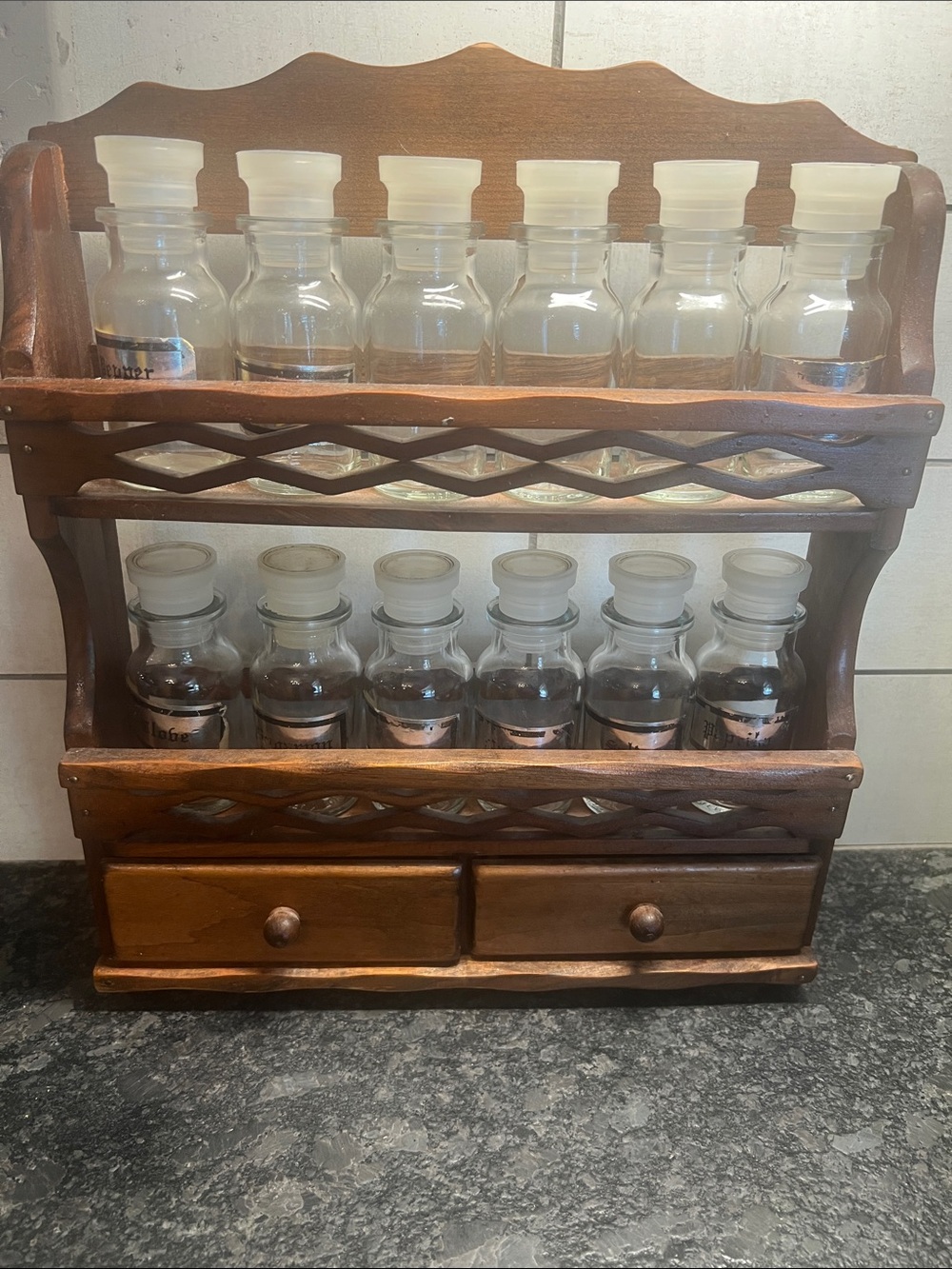 Vintage Wood Spice Rack with 12 Glass Jars - Warm Brown. Hang or on counter.